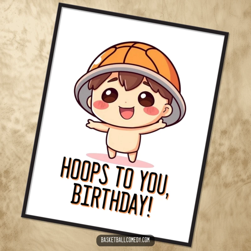 Funny Free Printable Wall Art: Kawaii character with a basketball perfectly balanced as a hat, grinning widely.