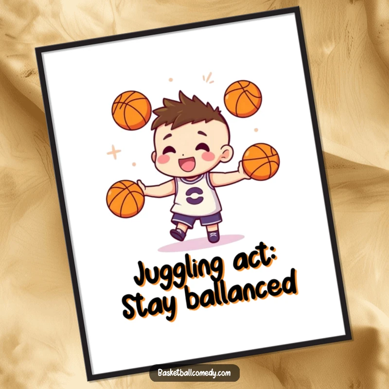 Funny Free Printable Wall Art: A cute character juggles three small basketballs with exceptional style and flair, a humorous downloadable piece.