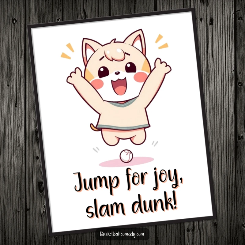 Funny Free Printable Wall Art: Kawaii character making a celebratory dunk jump, full of energy and joy.