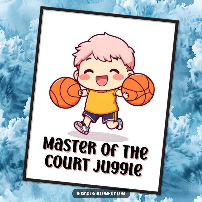 Funny Free Printable Wall Art: A character skillfully and happily dribbles two basketballs at once, adding playful decor.
