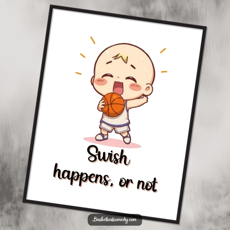 Funny Free Printable Wall Art: A character comically misses a basketball shot, capturing the essence of a humorous sports blooper.