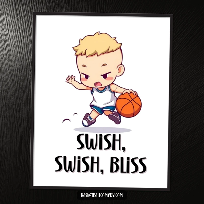 Funny Free Printable Wall Art showcasing a character dribbling a basketball with intense focus, capturing athletic determination.