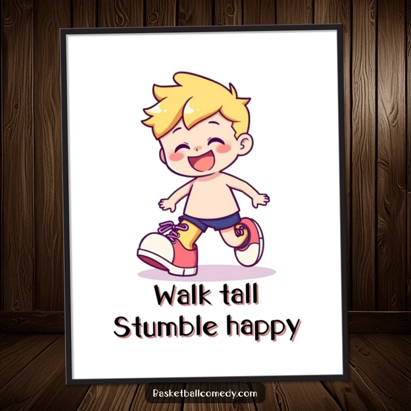 Funny Free Printable Wall Art: Cute character wearing comically oversized shoes, stumbling playfully with a wide grin.