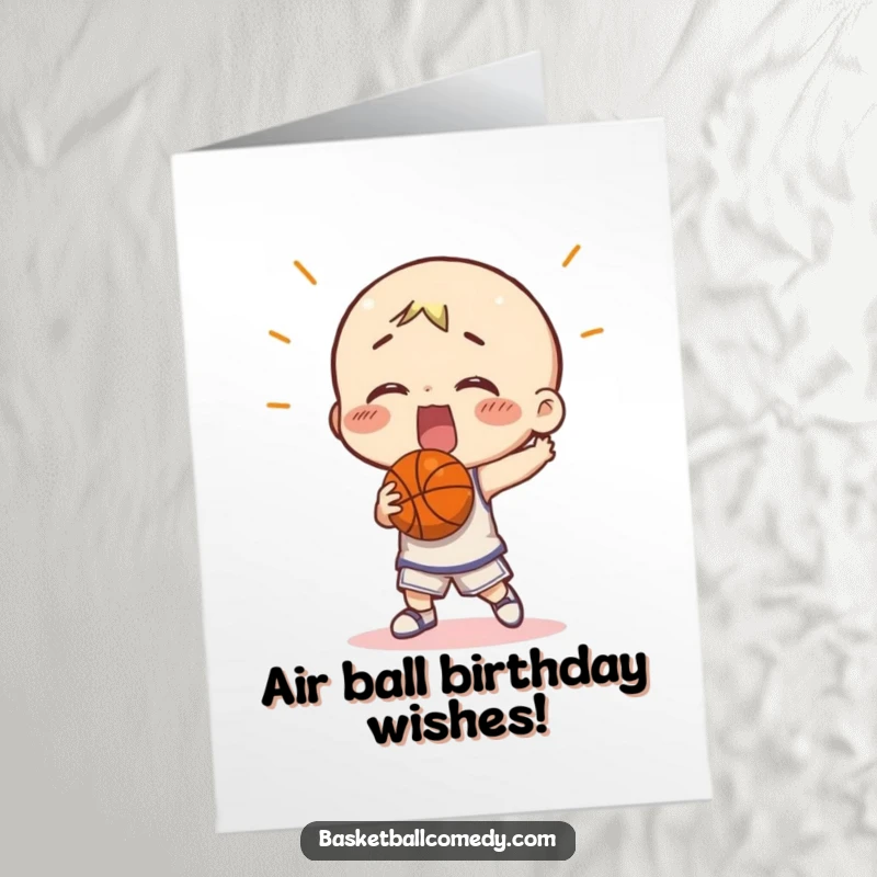 Funny Free Printable Birthday Card: A small character comically misses a basketball shot, creating a moment of hilarious sports failure.