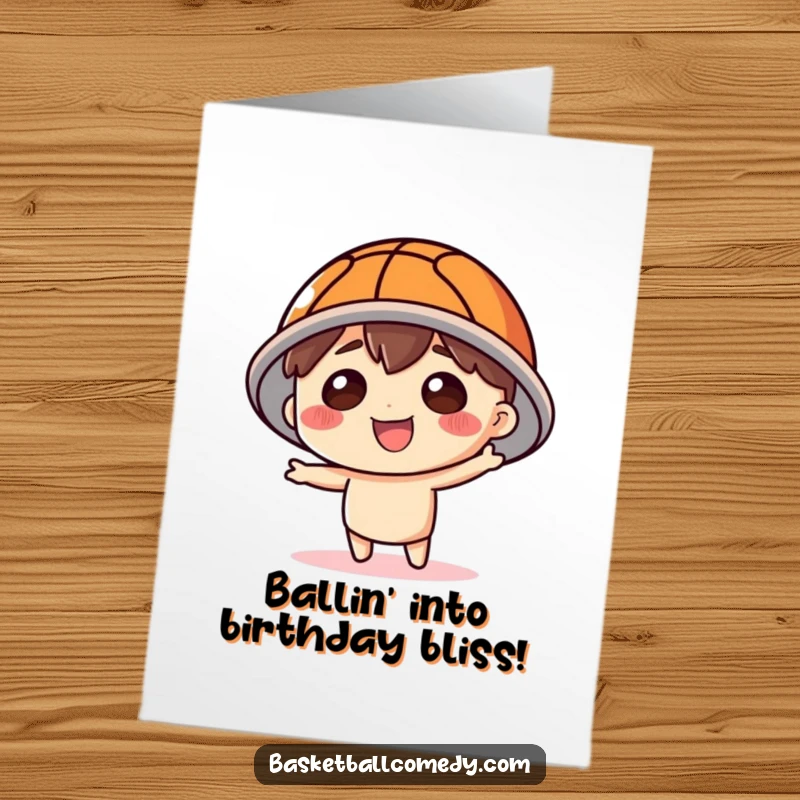 Funny Free Printable Birthday Card: Cute character wearing a basketball as a hat, sporting a wide, silly grin.
