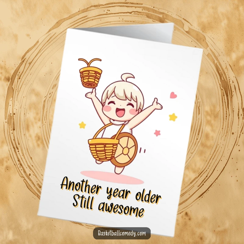 Funny Free Printable Birthday Card: Cute character cartwheeling joyfully after scoring a basket, a triumphant downloadable design.