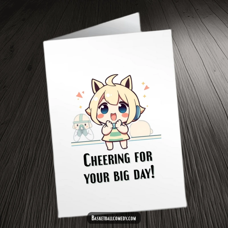 Funny Free Printable Birthday Card: Character with clasped hands cheering excitedly while watching a game.