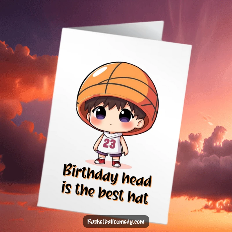 Funny Free Printable Birthday Card: A character wears an oversized basketball humorously as a hat, ready to celebrate.