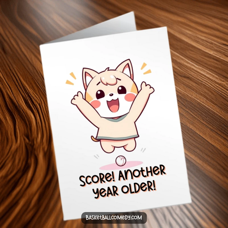 Funny Free Printable Birthday Card: Kawaii character joyfully jumping after dunking a tiny ball, celebrating big.