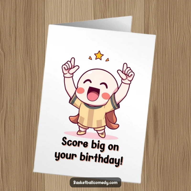 Funny Free Printable Birthday Card: Character victoriously celebrating a score with arms raised, exuding pure triumph and happiness.