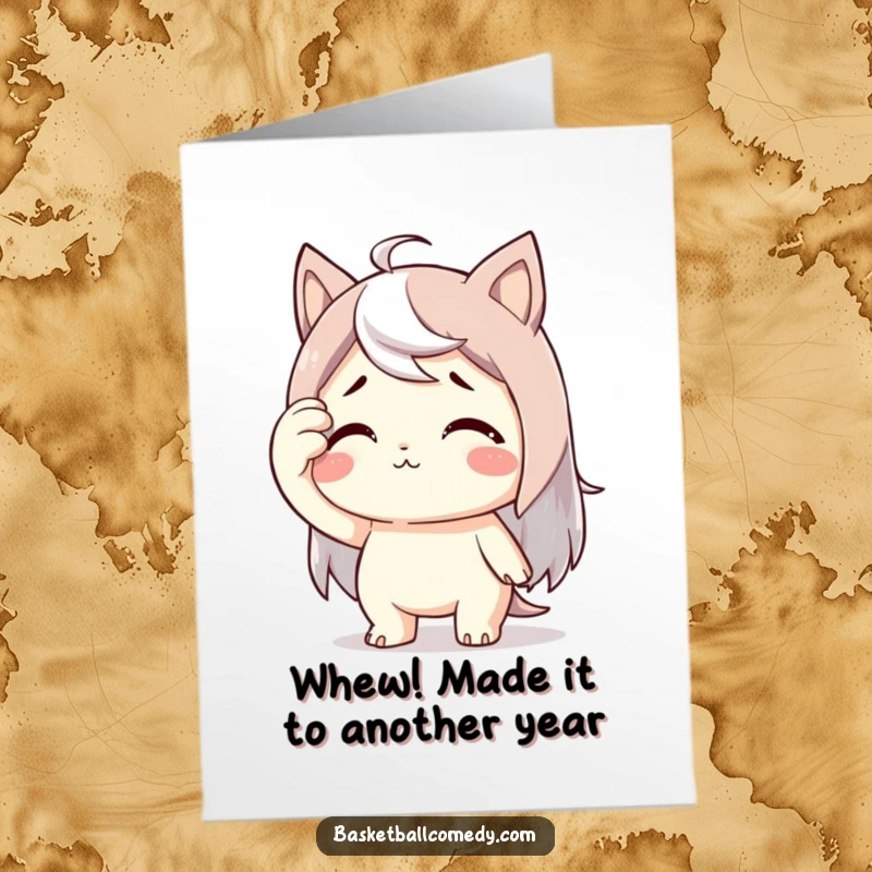 Funny Free Printable Birthday Card: Cute character wiping sweat from brow with exaggerated relief, a humorous downloadable design.