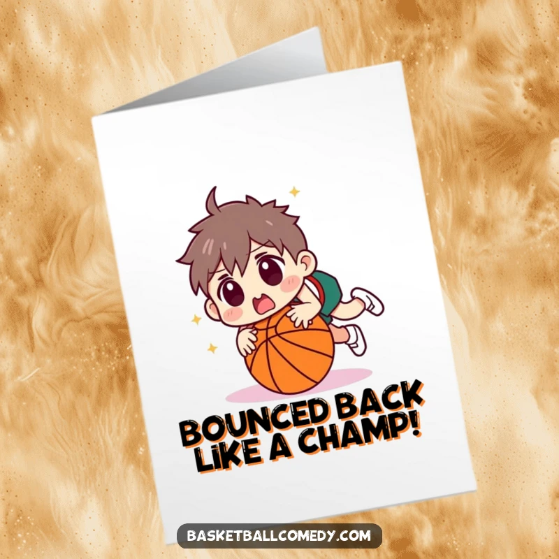 Funny Free Printable Congratulations Card: A character trips over a basketball with a shocked face, celebrating achievement with humor.