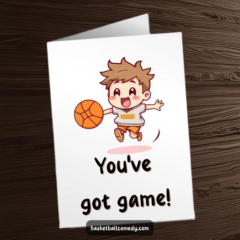Funny Free Printable Congrats Card: Character excitedly pursuing a bouncing basketball, symbolizing a spirited pursuit.