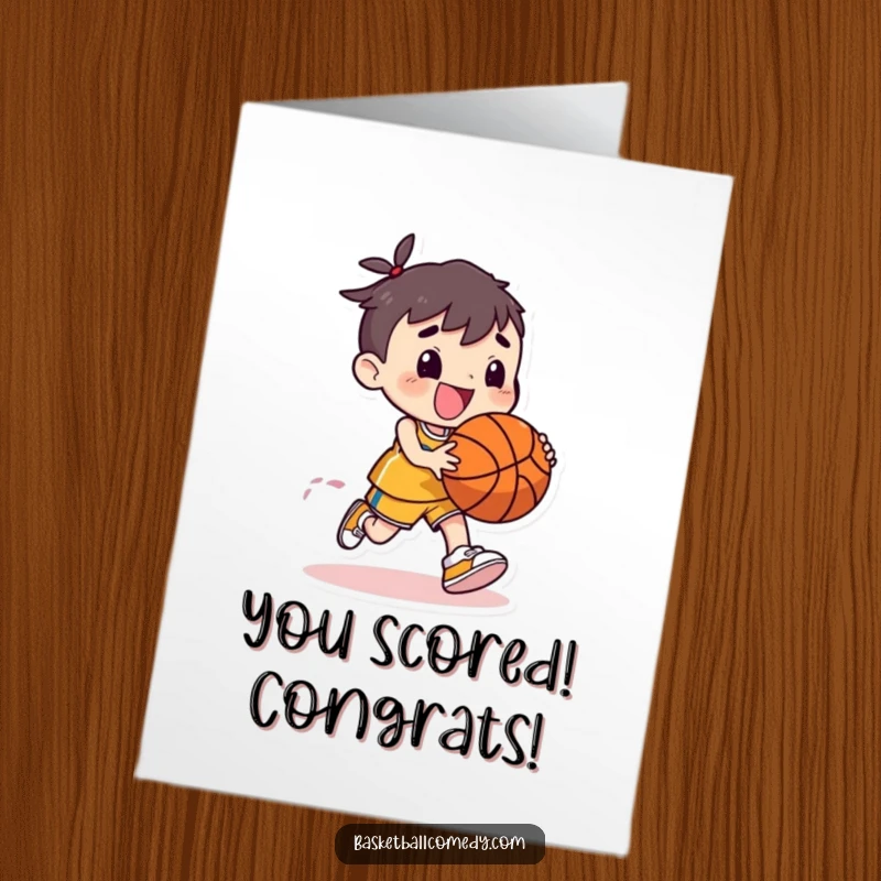 Funny Free Printable Congrats Card: Cheerful character dribbling a basketball, celebrating achievements with sports spirit.