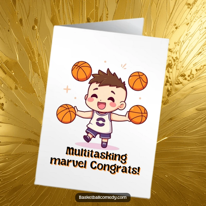 Funny Free Printable Congratulations Card: Cute character performing a skillful juggling act with miniature basketballs, a humorous and impressive design.
