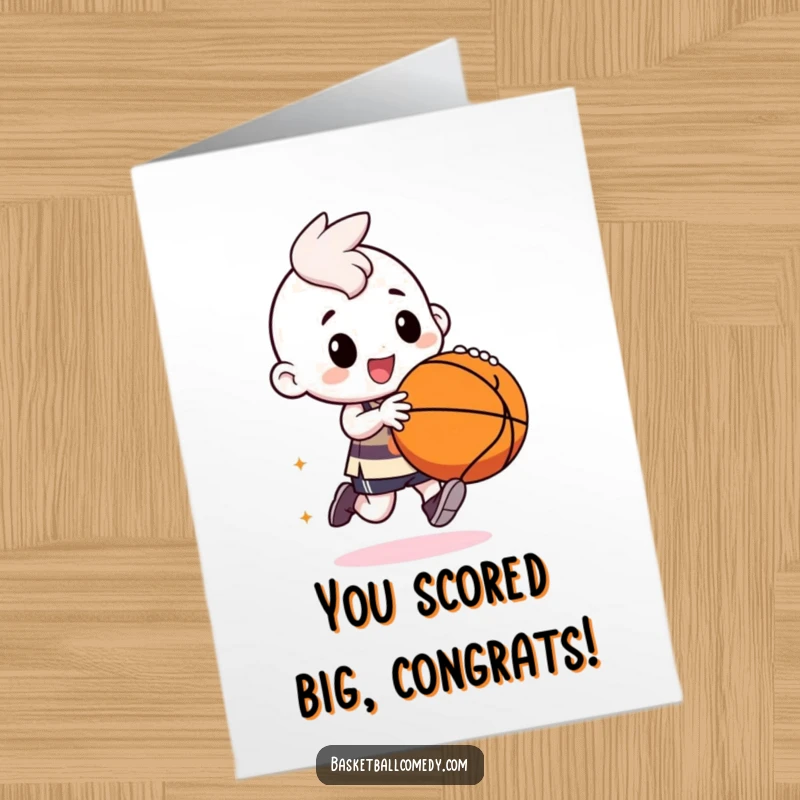 Funny Free Printable Congratulations Card: Kawaii character energetically dribbling a large basketball, making impressive and funny exaggerated moves.