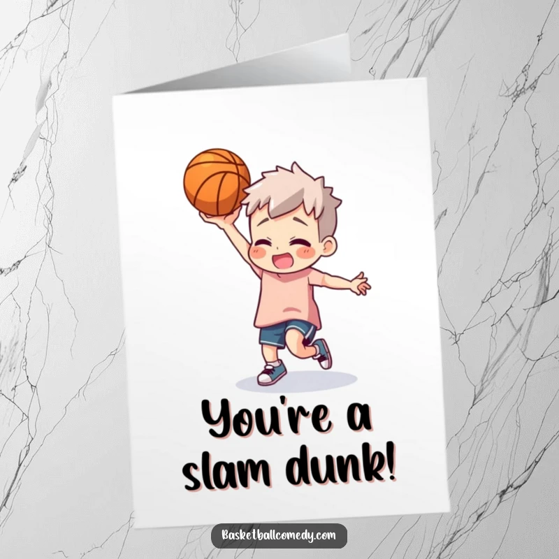Funny Free Printable Congratulations Card featuring a character doing a goofy dance with a basketball, celebrating a win.
