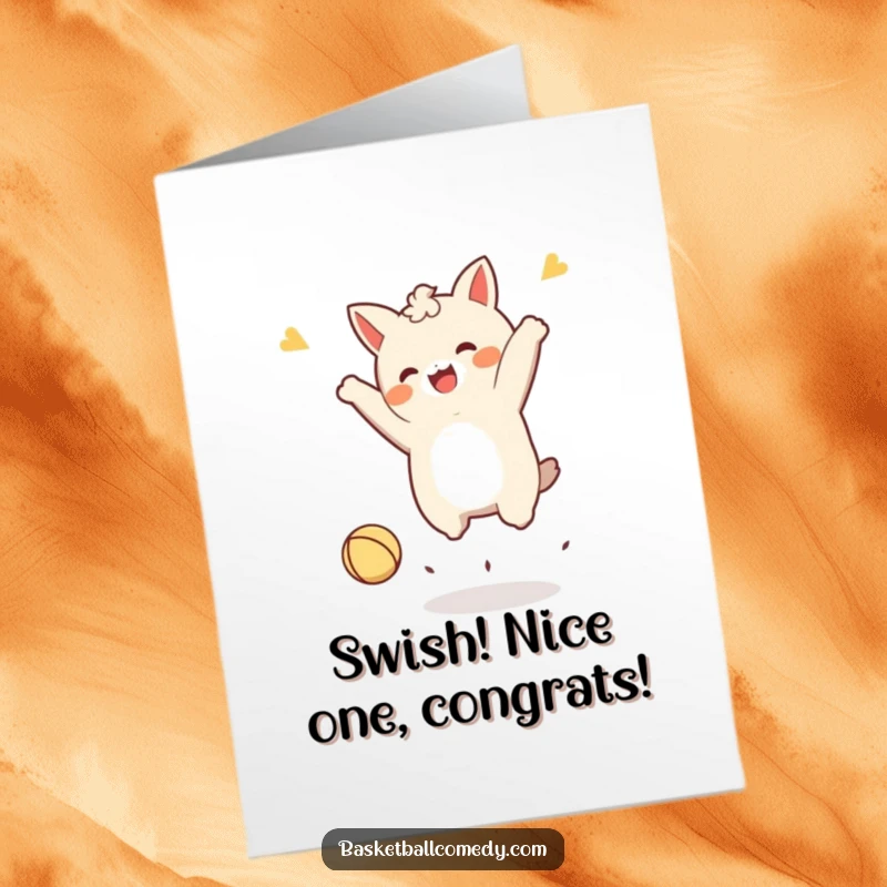 Free Printable Congrats Card: Kawaii character performing a joyful, celebratory jump after dunking a tiny ball, symbolizing triumph.