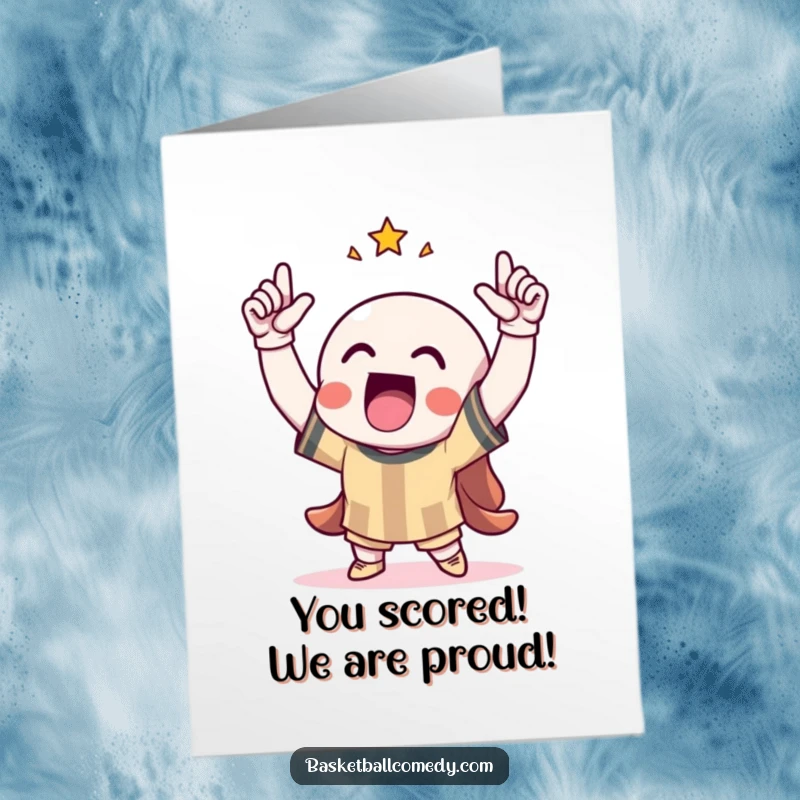 Funny Free Printable Congratulations Card: Character ecstatically celebrating a score, arms in air, beaming with proud achievement.
