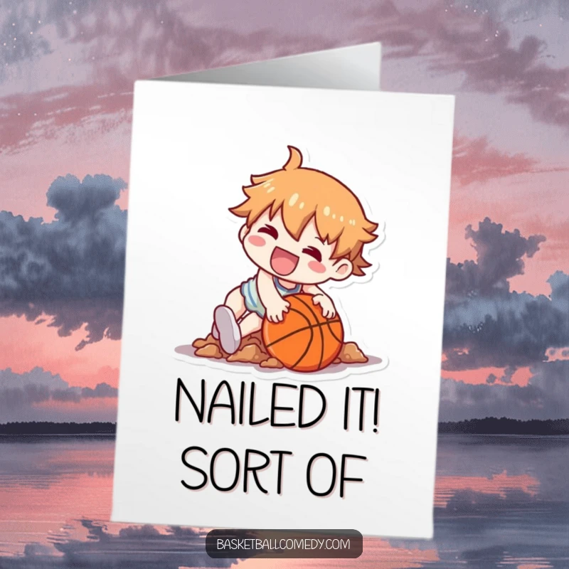 Funny Free Printable Congratulations Card: Kawaii character tripping playfully, a hilarious scene for celebrating any achievement.