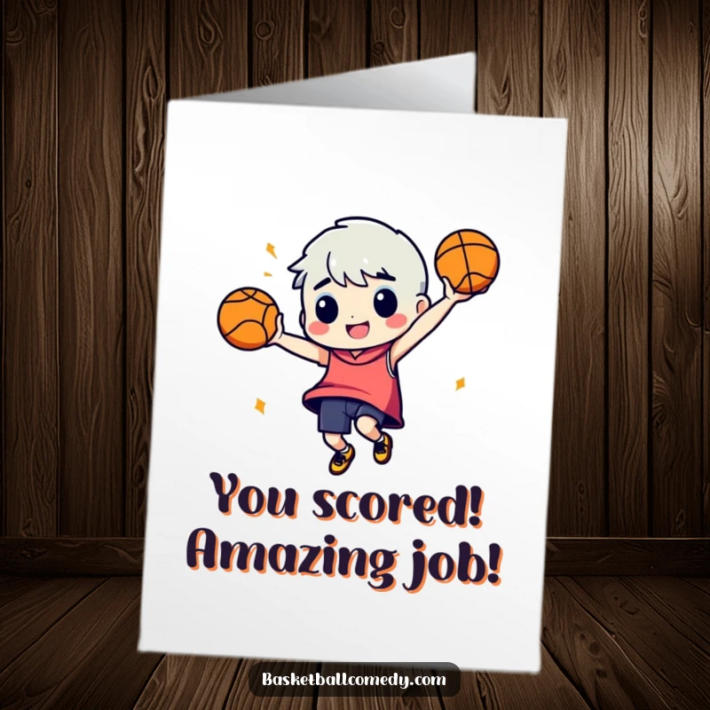 Funny Free Printable Congratulations Card: A character performs a silly dance with a basketball, marking an achievement. Fun downloadable gift.