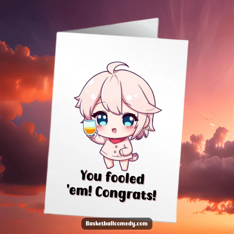 Funny Free Printable Fake Shot Congratulations Card: Character faking a shot with a wink, celebrating victories with humor, print at home.