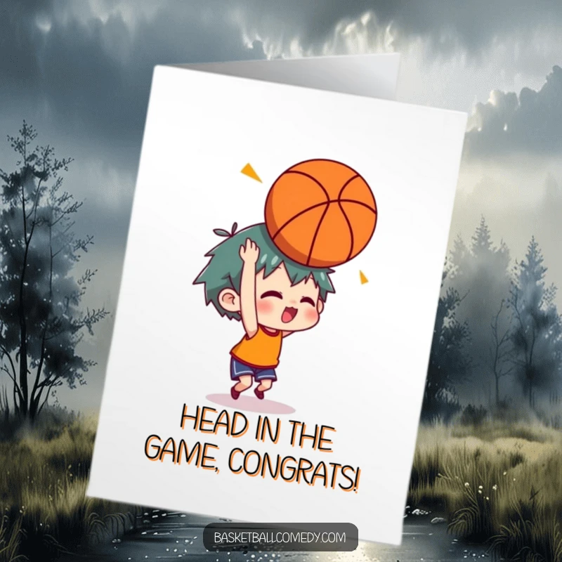 Funny Free Printable Congratulations Card: A baboon looks surprised and slightly dizzy after accidentally bouncing a basketball off its head.