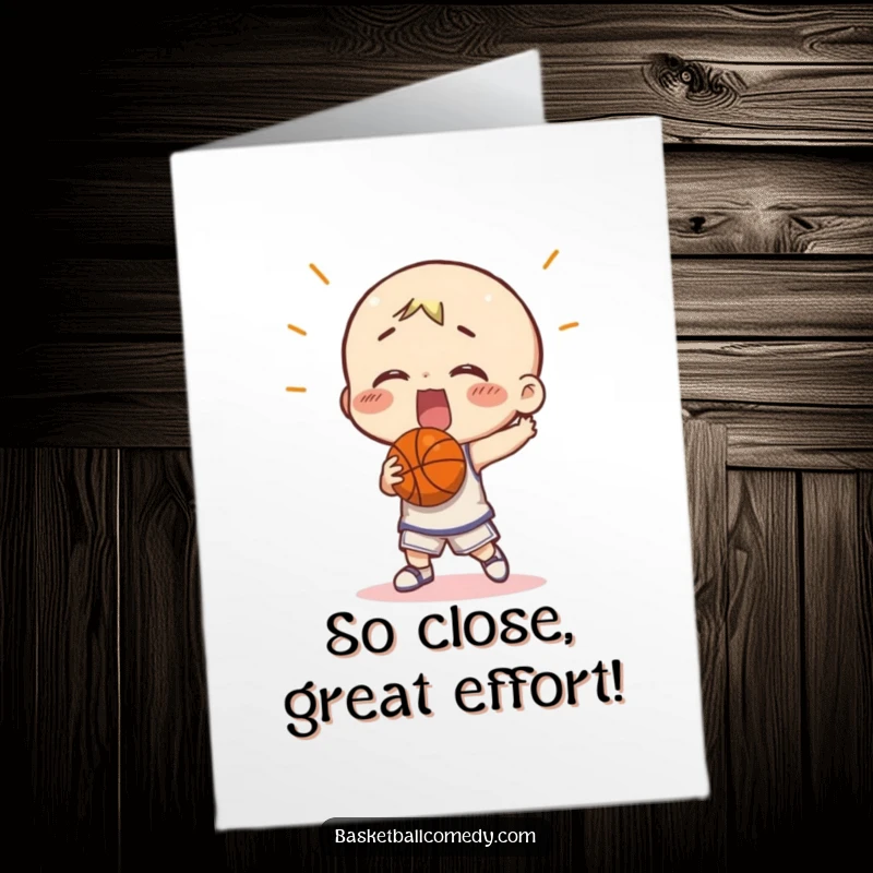 Funny Free Printable Congratulations Card: A character hilariously airballs a basketball shot, celebrating effort with a touch of humor.