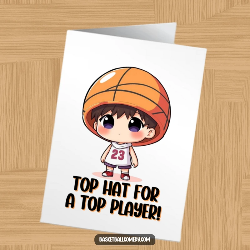 Funny Free Printable Congrats Card: A character sports a basketball as a comical hat, congratulating success with humor.