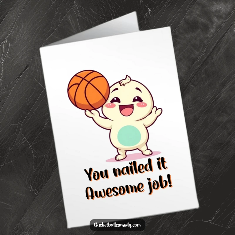 Funny free printable congratulations card showing a character gleefully spinning a basketball, celebrating a win.