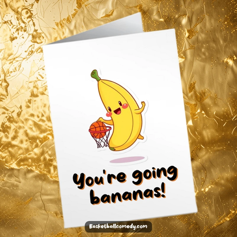 Funny Free Printable Congrats Card: A cheerful banana is trying to slam dunk a tiny basketball into a hoop.