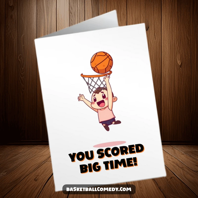 Funny Free Printable Congratulations Card showing a determined character attempting an epic basketball dunk, celebrating a big win.
