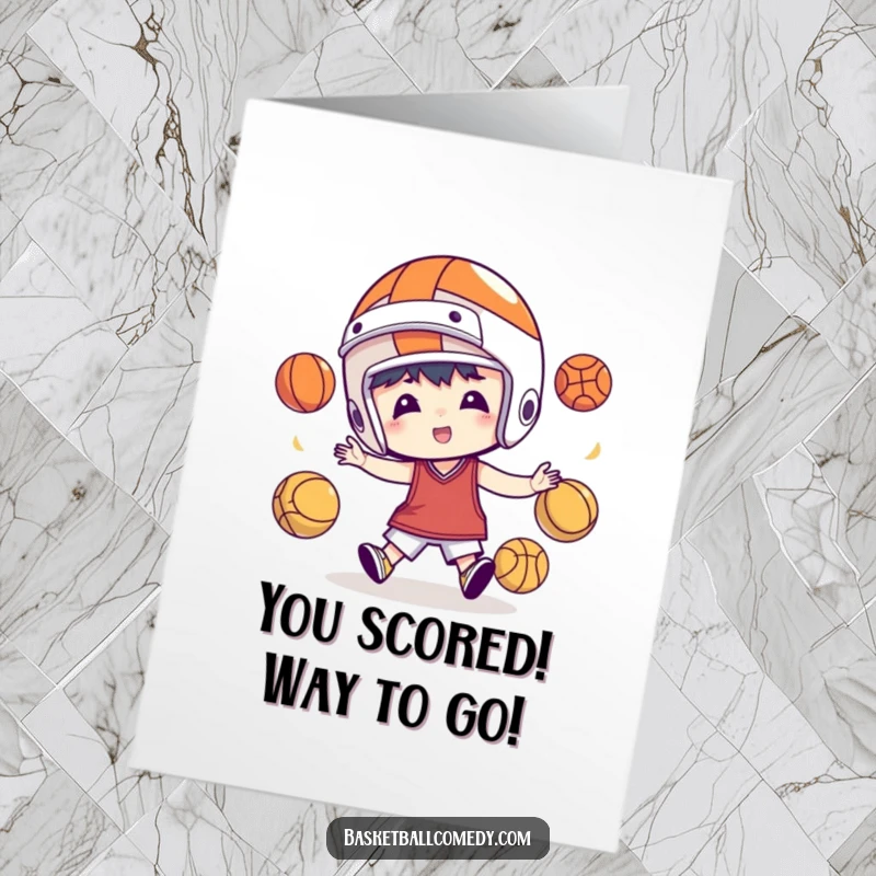 Funny Free Printable Juggling Basketball Congratulations Card: Character juggling balls in a helmet, celebrating sports achievements, print at home.