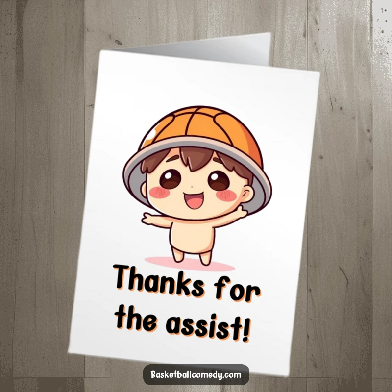 Funny Free Printable Thank You Card: Character sports a basketball as a hat, looking cheerfully thankful.