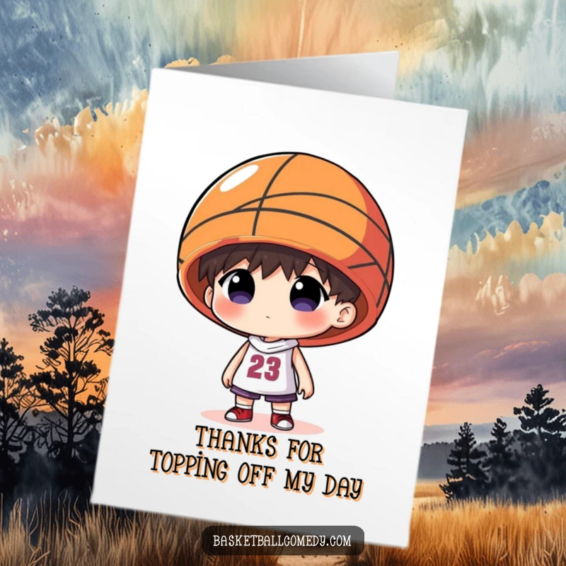 Funny Free Printable Thank You Card: A character wears a basketball as a hat, expressing thanks in a humorous way.