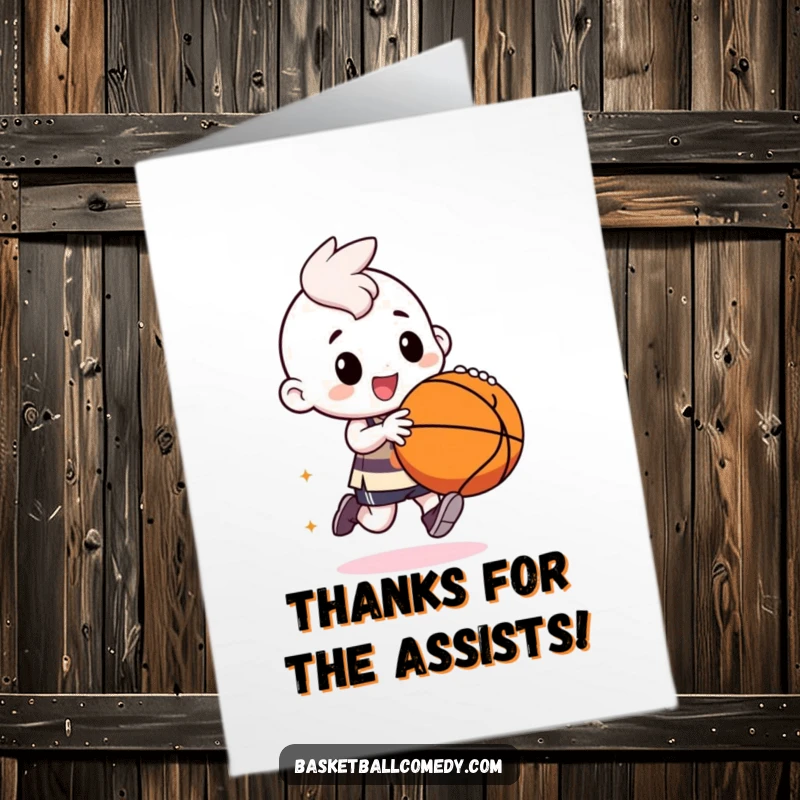 Funny Free Printable Thank You Card: Kawaii character gleefully dribbling a large, bouncy basketball with a huge smile, expressing thankful energy.