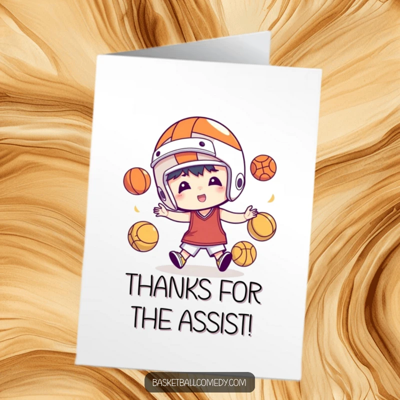 Funny Free Printable Juggling Basketball Thank You Card: Character juggling basketballs in a helmet, conveying thanks with playful energy, print at home.