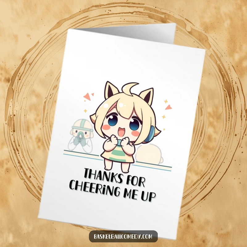 Funny Free Printable Thank You Card: A character cheering with clasped hands, sending thanks for a win.