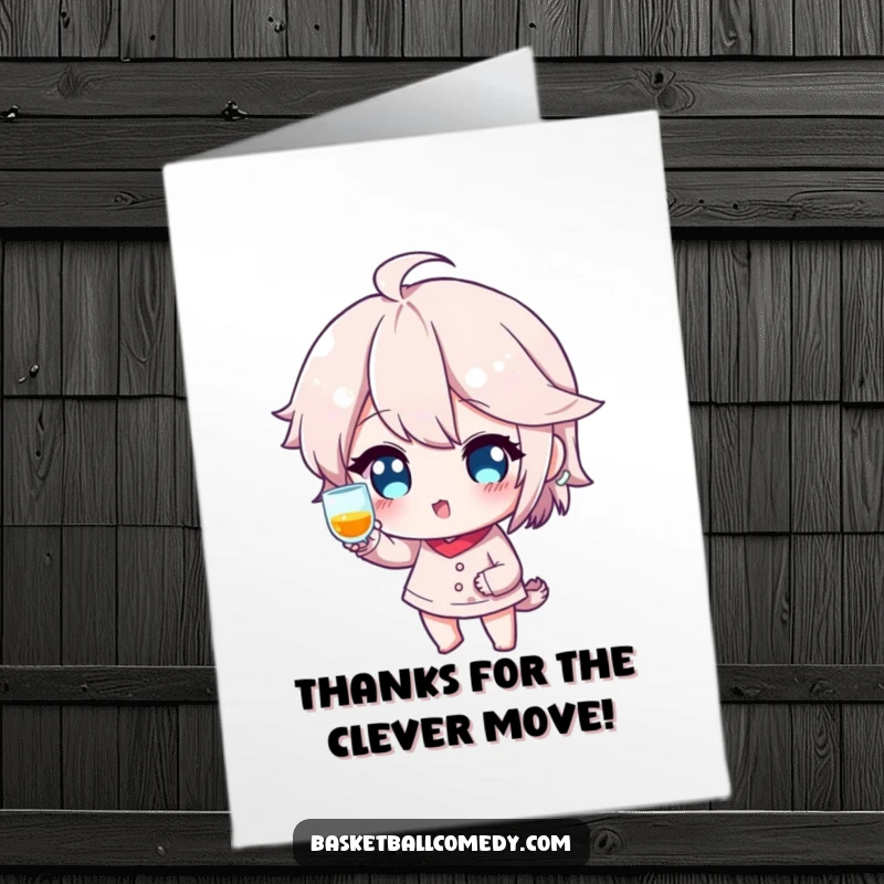 Funny Free Printable Fake Shot Thank You Card: Character faking a shot with a wink, conveying thanks with playful charm, ready to print at home.
