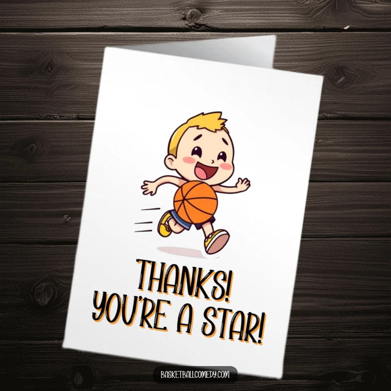 Funny Free Printable Thank You Card: Happy character running fast with a basketball, leaving speed lines to express thanks.