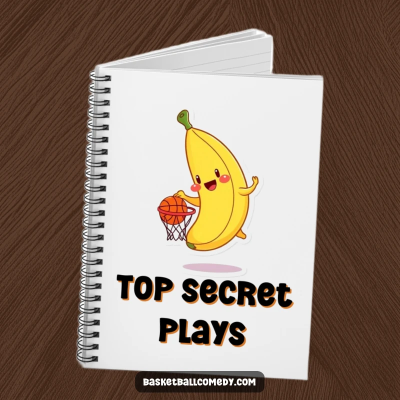 Funny banana notebook, a cheerful banana character attempting to dunk a basketball into a hoop, perfect for jotting down fun.