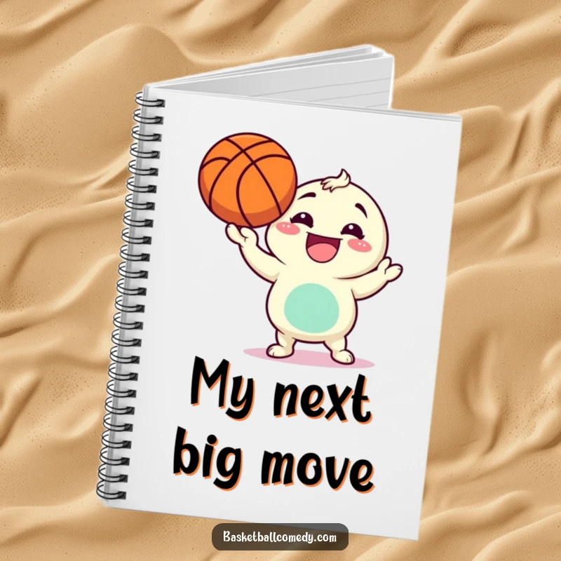Funny notebook cover with a character's joyful expression as it spins a basketball on its finger, capturing playful motion.