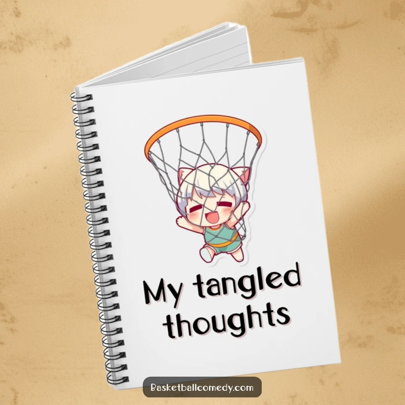 Funny notebook with a cute character comically tangled in a basketball net, perfect for jotting down notes with a touch of humor.