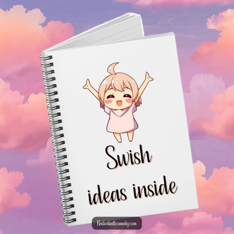 Funny notebook with a character celebrating a basketball swish, perfect for noting down winning plays and ideas.