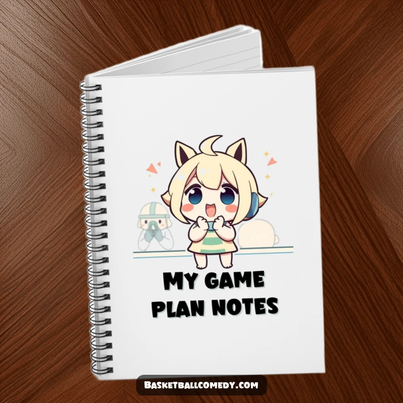 Funny notebook featuring an excited character with clasped hands, cheering at a game, designed for taking notes with fan-themed enthusiasm.