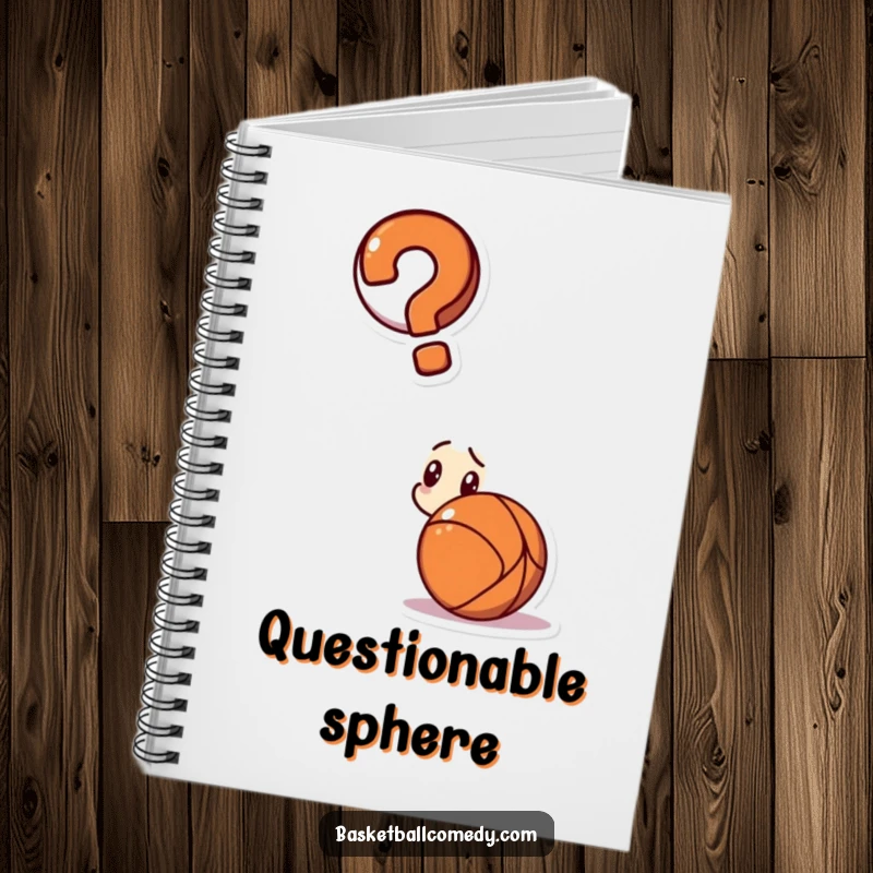 Funny notebook cover with a confused character and a question mark, pondering a basketball.