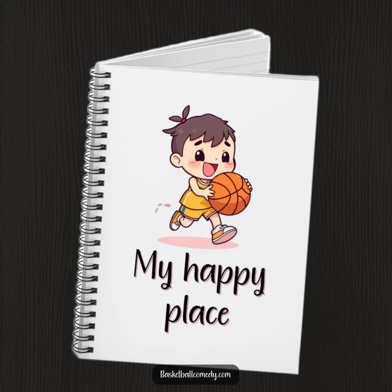 Funny notebook featuring a cute character dribbling a basketball with exaggerated bounce and joy, perfect for jotting down inspired ideas.