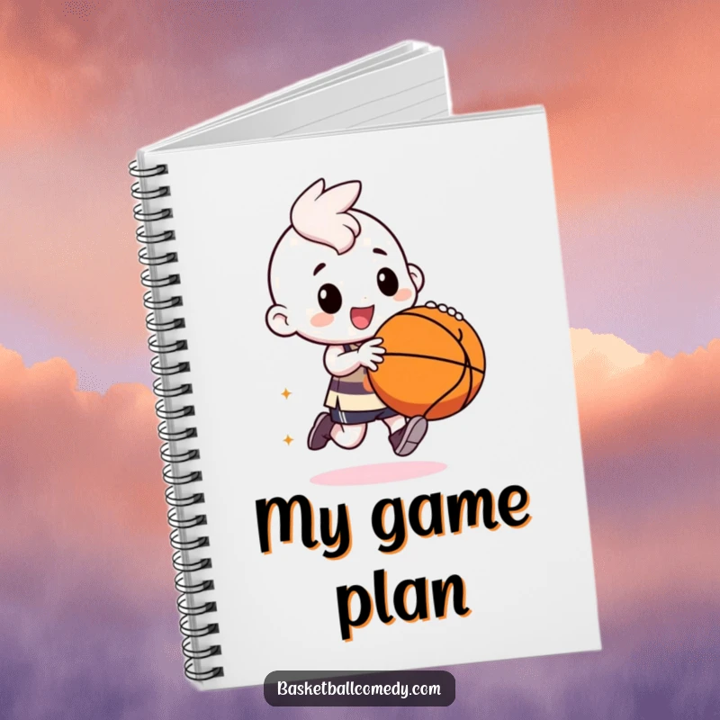 Funny kawaii character notebook, jotting down basketball plays with energetic scribbles and a happy grin, a sporty and funny journal.