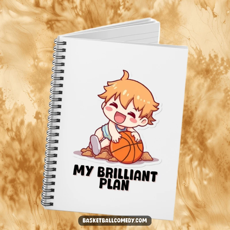 Funny notebook cover with a Kawaii character humorously tripping over a basketball, landing in a funny heap with a smile.