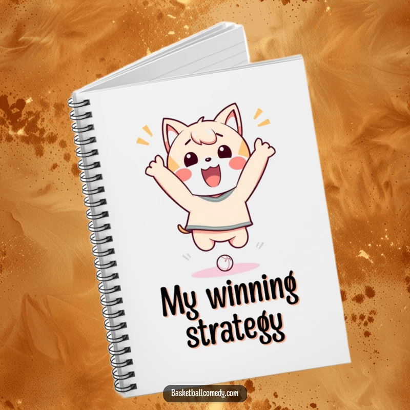 Funny Notebook cover art: a vibrant Kawaii character executing a joyful, celebratory jump over a tiny basketball.